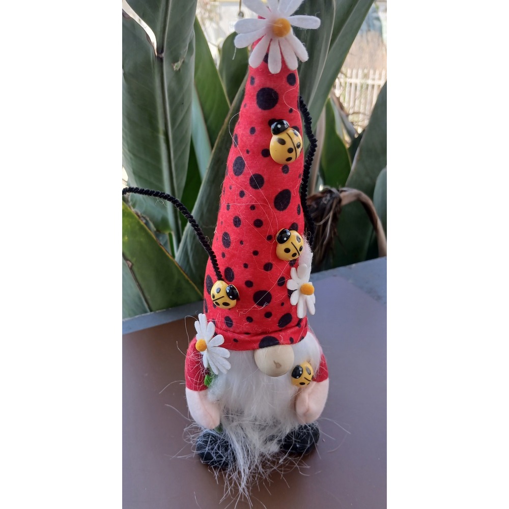 Ladybug Garden Gnome Plush Red Polka Dot Hat Daisy Accents Spring Decor 10 Inch